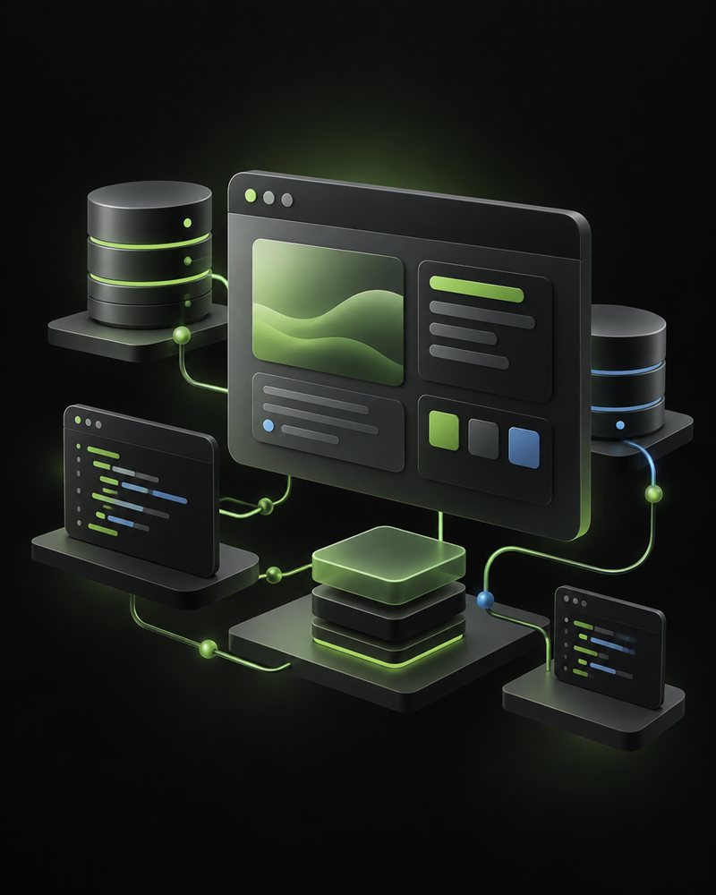 Illustration of connected software interfaces and databases in kiwi green and charcoal